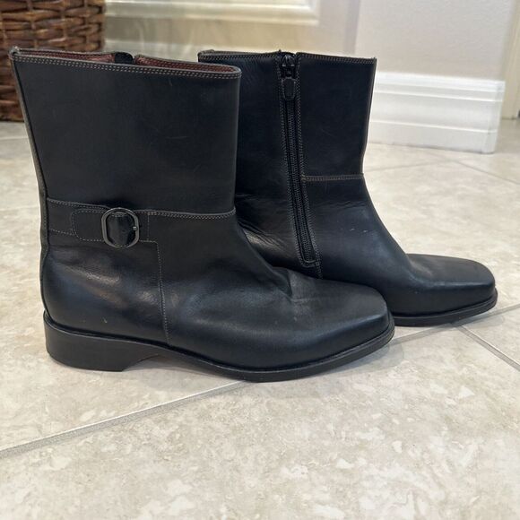 Cole Haan Country Women 7.5 B black Leather Zip Buckle Boots‎ D12160 Square toe - Picture 1 of 8